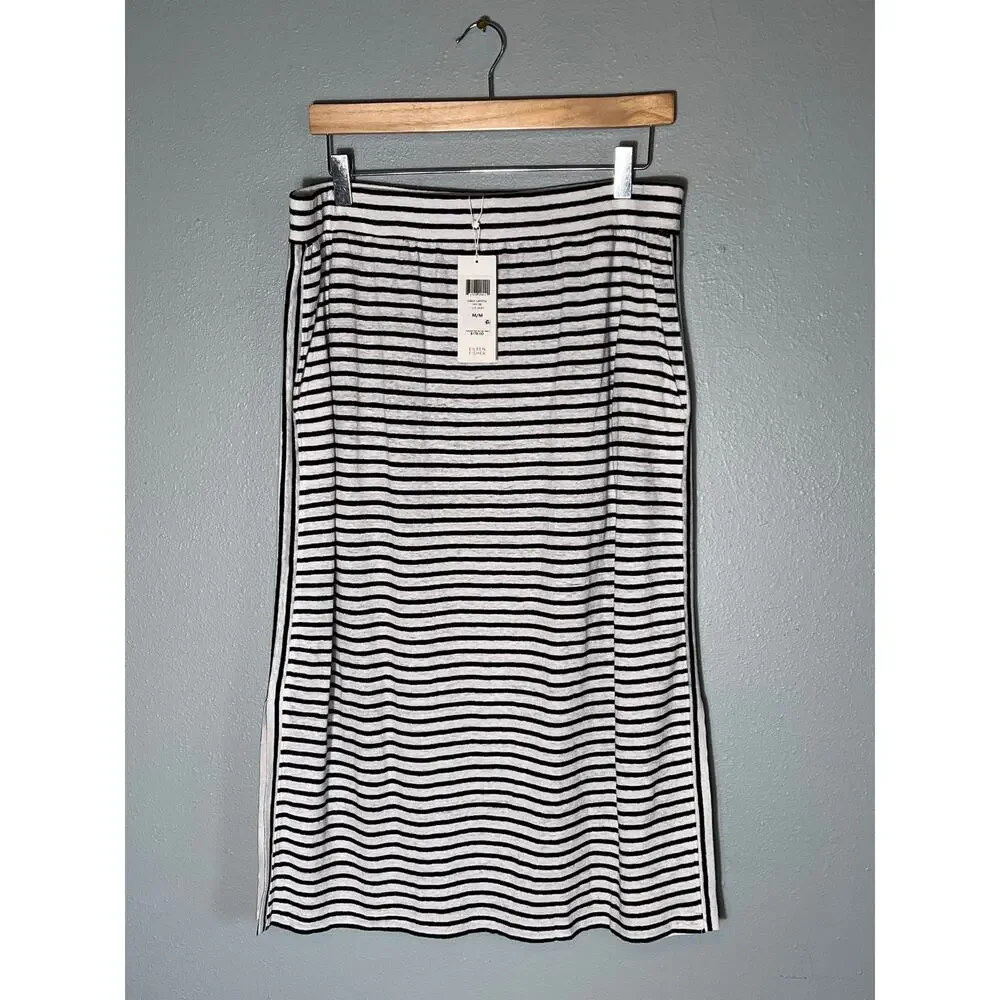 Eileen Fisher Sz M Organic Linen Stripe Long Skirt Midi Maxi Black White Pull On